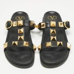 Pre Owned Valentino Black Leather Roman Stud Flat Slide Sandals Size 39