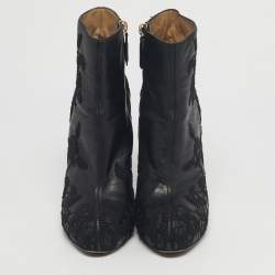 Pre Owned Valentino Black Embroidered Leather Zip Ankle Boots Size 39