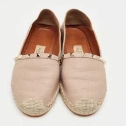 Pre Owned Valentino Beige Leather Rockstud Espadrille Flats Size 39