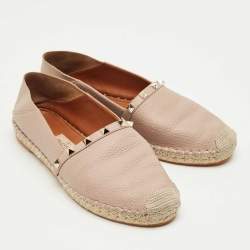 Pre Owned Valentino Beige Leather Rockstud Espadrille Flats Size 39