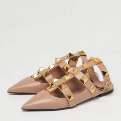 Pre Owned Valentino Dusty Pink Leather Roman Stud Ankle Strap Flats Size 41