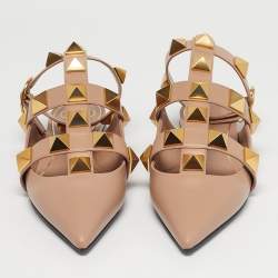 Pre Owned Valentino Dusty Pink Leather Roman Stud Ankle Strap Flats Size 41