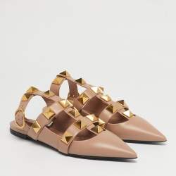Pre Owned Valentino Dusty Pink Leather Roman Stud Ankle Strap Flats Size 41