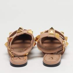 Pre Owned Valentino Dusty Pink Leather Roman Stud Ankle Strap Flats Size 41
