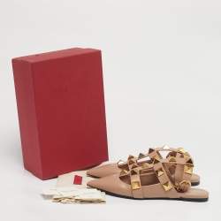Pre Owned Valentino Dusty Pink Leather Roman Stud Ankle Strap Flats Size 41