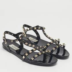 Pre Owned Valentino Black Jelly Rockstud Ankle Strap Flats Size 39