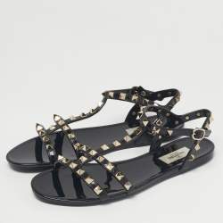 Pre Owned Valentino Black Jelly Rockstud Ankle Strap Flats Size 39