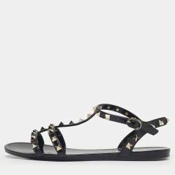 Pre Owned Valentino Black Jelly Rockstud Ankle Strap Flats Size 39
