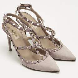 Pre Owned Valentino Beige Suede Rockstud Ankle Strap Pumps Size 39.5