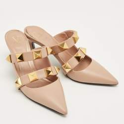 Pre Owned Valentino Dusty Pink Leather Roman Stud Pointed Toe Mules Size 37