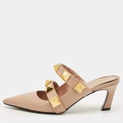 Pre Owned Valentino Dusty Pink Leather Roman Stud Pointed Toe Mules Size 37