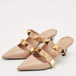 Pre Owned Valentino Dusty Pink Leather Roman Stud Pointed Toe Mules Size 37
