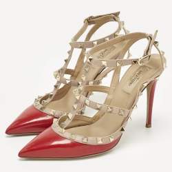 Pre Owned Valentino Red Leather and Patent Leather Rockstud Pumps Size 39