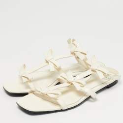 Pre Owned Valentino Cream Leather Ankle Strap Flats Size 38.5