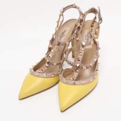 Pre Owned Valentino Yellow/Beige Patent Leather Rockstud Caged Ankle Strap Pumps Size 36