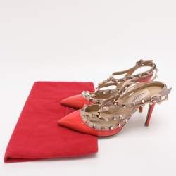 Pre Owned Valentino Orange/Beige Patent Leather Rockstud Caged Ankle Strap Pumps Size 36