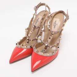 Pre Owned Valentino Orange/Beige Patent Leather Rockstud Caged Ankle Strap Pumps Size 36