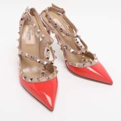 Pre Owned Valentino Orange/Beige Patent Leather Rockstud Caged Ankle Strap Pumps Size 36