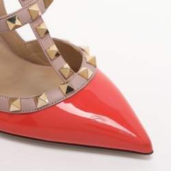Pre Owned Valentino Orange/Beige Patent Leather Rockstud Caged Ankle Strap Pumps Size 36