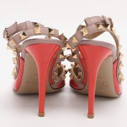 Pre Owned Valentino Orange/Beige Patent Leather Rockstud Caged Ankle Strap Pumps Size 36