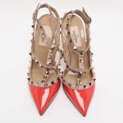 Pre Owned Valentino Orange/Beige Patent Leather Rockstud Caged Ankle Strap Pumps Size 36