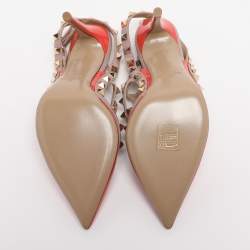 Pre Owned Valentino Orange/Beige Patent Leather Rockstud Caged Ankle Strap Pumps Size 36