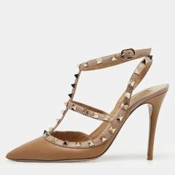 Pre Owned Valentino Beige Suede Rockstud Ankle Strap Pumps Size 39