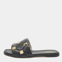 Pre Owned Valentino Black Quilted Leather Roman Stud Flat Slides Size 38.5