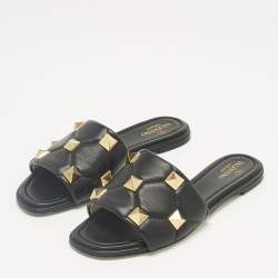 Pre Owned Valentino Black Quilted Leather Roman Stud Flat Slides Size 38.5