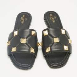 Pre Owned Valentino Black Quilted Leather Roman Stud Flat Slides Size 38.5