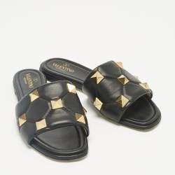 Pre Owned Valentino Black Quilted Leather Roman Stud Flat Slides Size 38.5