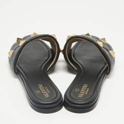 Pre Owned Valentino Black Quilted Leather Roman Stud Flat Slides Size 38.5