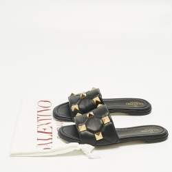 Pre Owned Valentino Black Quilted Leather Roman Stud Flat Slides Size 38.5