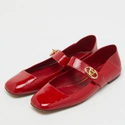 Pre Owned Valentino Red Patent Leather VLogo Locker Mary Jane Ballet Flats Size 42
