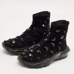 Pre Owned Valentino Black Suede Crystal Embellished High Top Sneakers Size 38.5