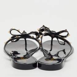 Pre Owned Valentino Black Jelly Rockstud Bow Flat Thong Sandals Size 42