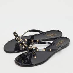 Pre Owned Valentino Black Jelly Rockstud Bow Flat Thong Sandals Size 42