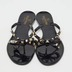 Pre Owned Valentino Black Jelly Rockstud Bow Flat Thong Sandals Size 42