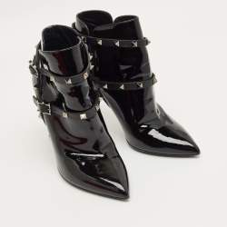 Pre Owned Valentino Black Patent Leather Rockstud Ankle Boots Size 39
