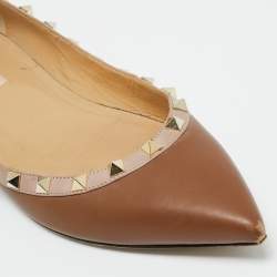 Pre Owned Valentino Brown/Beige Leather Rockstud Ballet Flats Size 39.5