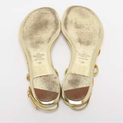 Pre Owned Valentino Metallic Gold Leather Embellished Flat Sandals Size 38