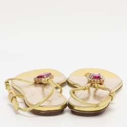 Pre Owned Valentino Metallic Gold Leather Embellished Flat Sandals Size 38