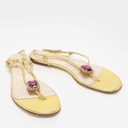 Pre Owned Valentino Metallic Gold Leather Embellished Flat Sandals Size 38
