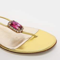 Pre Owned Valentino Metallic Gold Leather Embellished Flat Sandals Size 38