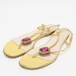 Pre Owned Valentino Metallic Gold Leather Embellished Flat Sandals Size 38