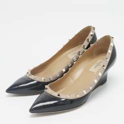 Pre Owned Valentino Black Leather Rockstud Pointed Toe Wedge Pumps Size 39.5