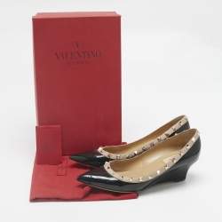 Pre Owned Valentino Black Leather Rockstud Pointed Toe Wedge Pumps Size 39.5
