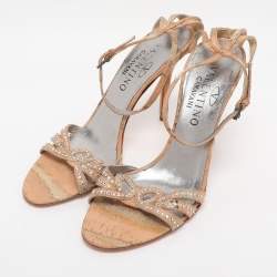 Pre Owned Valentino Beige Fabric Crystal Embellished Ankle Strap Sandals Size 38