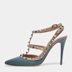 Pre Owned Valentino Beige/Blue Leather Rockstud Ankle Strap Pumps Size 40