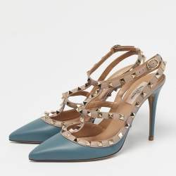 Pre Owned Valentino Beige/Blue Leather Rockstud Ankle Strap Pumps Size 40